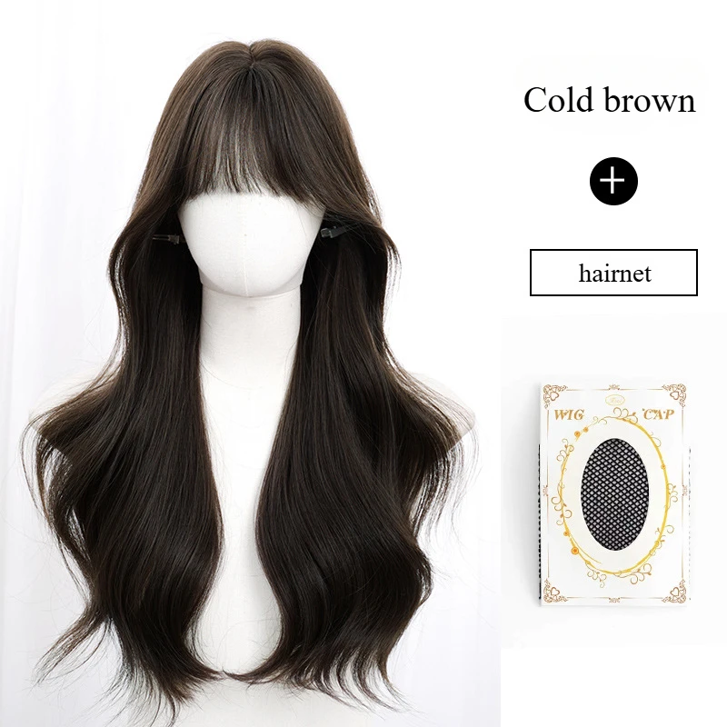 Brown Wig Long Wavy with bangs wigs for Women Middle Part Hairline Natural Daily Party Wear Full Wigs Daily Synthetic Wig