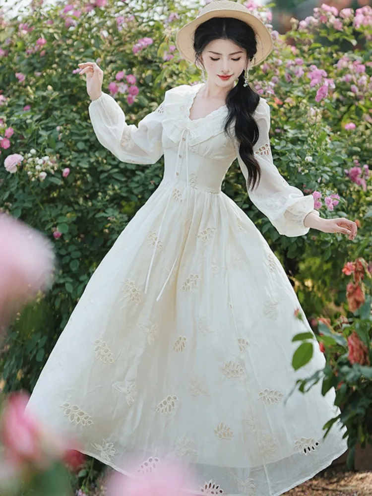 Vintage French Fairy Dress Woman Retro Hollow Out Embroidery Ruffles Romantic Princess Dresses Vestido Elegant Evening Robe New