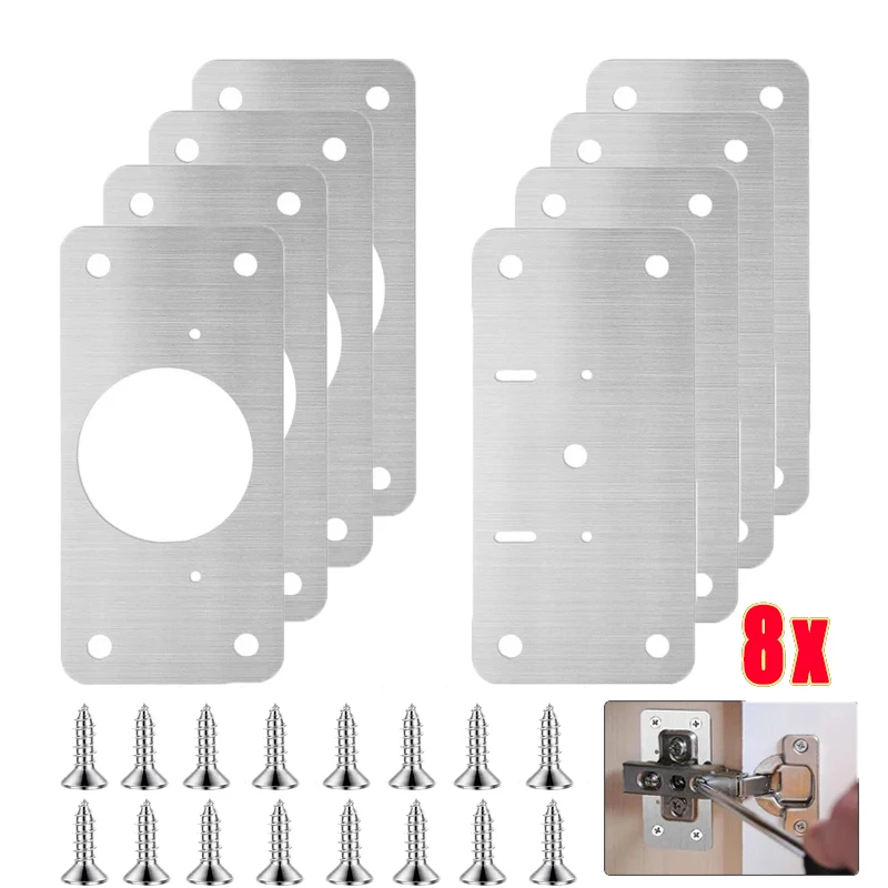 8/2 szt. Zestaw naprawczy zawiasów do szafek płyta montażowa zawiasów drzwiowych ze stali nierdzewnej z otworami do domowej szafki kuchennej meble
