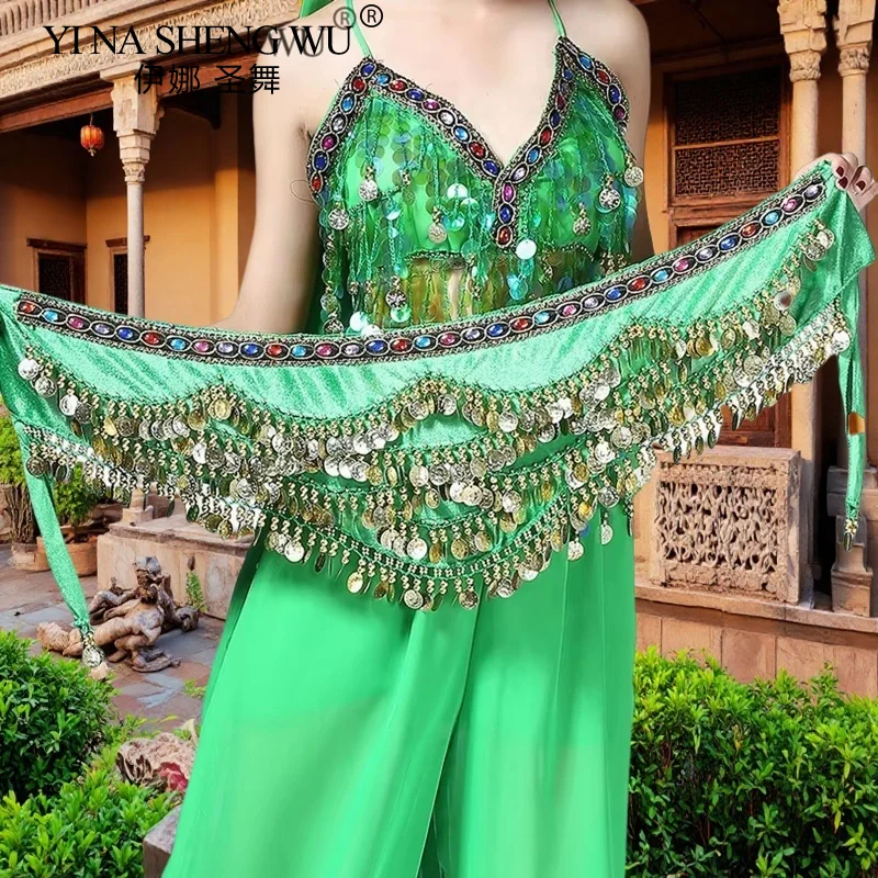 Belly Dance เอวเริ่มต้นเต้นรําอุปกรณ์เสริมที่มีสีสัน Rhinestone Flannel เต้นรําอินเดียทองเหรียญเข็มขัดเอว
