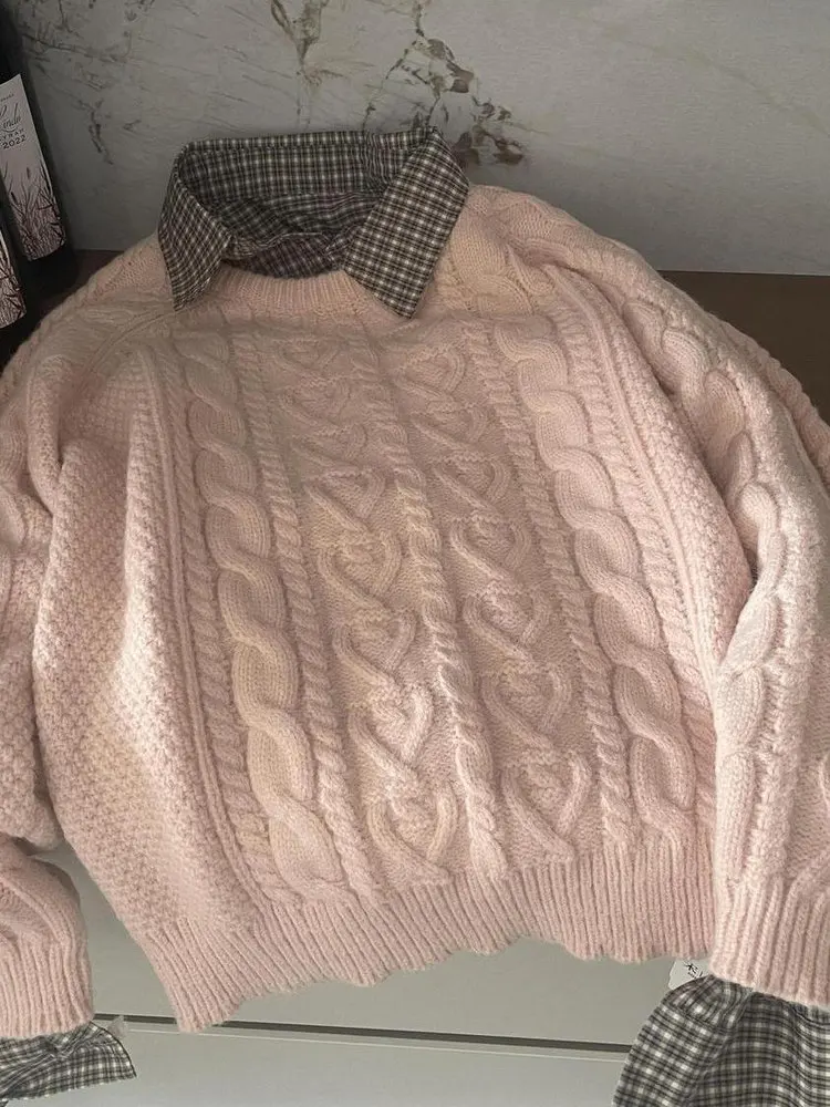 

Свободный длинный свек, круглый пуловер Ne, свитер и клетчатый женский модный комплект, корейский нежный розовый головной убор