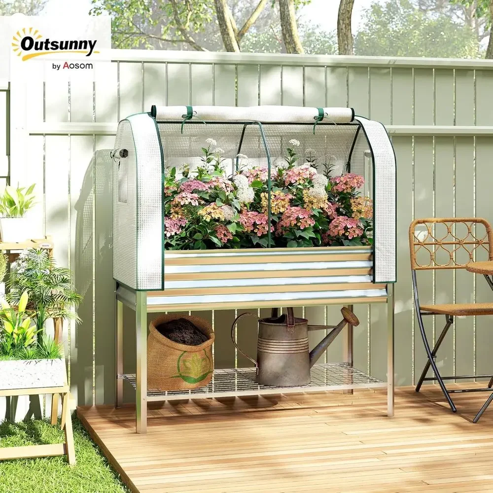 Raised Metal Garden Bed with Greenhouse, Elevated Planter for Vegetables, Herbs, and Flowers, Silver
