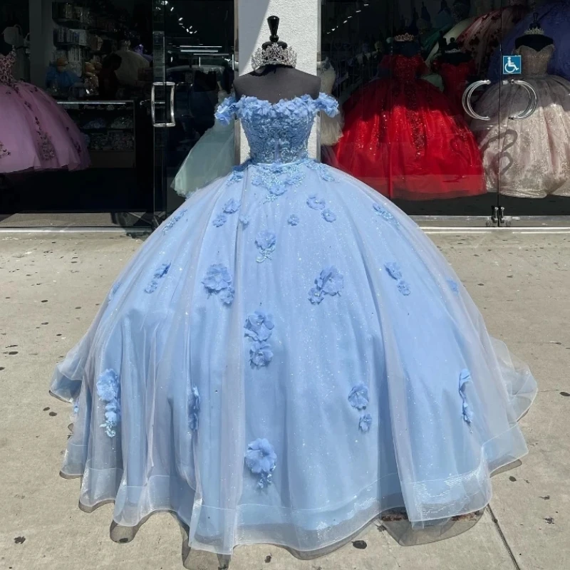 

Sky Blue Off Shoulder Quinceanera Dress Prom Dress Lace Flower Beads Princess Dress Off the Shoulder Sweet 15 Year Old Party