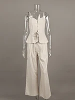 Mueyaruho Women 2026 Summer Office Pant Set Suits Solid Beige Outfits 2 Two Piece Wide Leg Matching Set For Women - Image 6