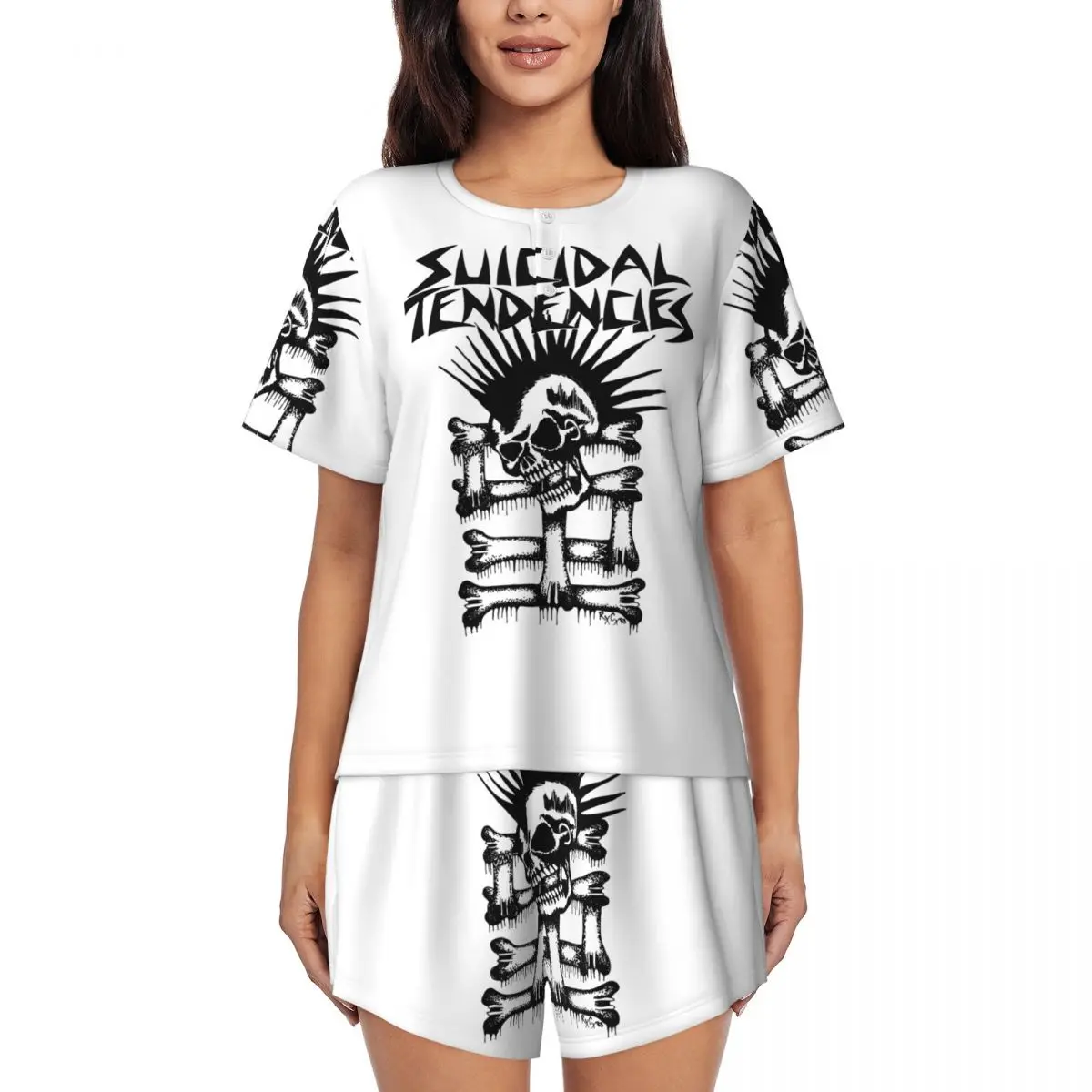 

Ночные рубашки с круглым вырезом и короткими рукавами для сна, женский мягкий пижамный комплект с короткими штанами, в стиле рок-музыки группы Suicidal Tendencies