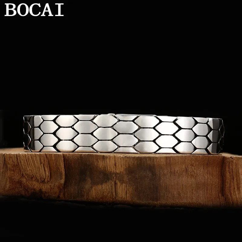 BOCAI NEW S925 Sterling Silver Charms Bangle for Men Women Antique Snake Pattern Wide Bracelets Punk Fine Choice Jewelry
