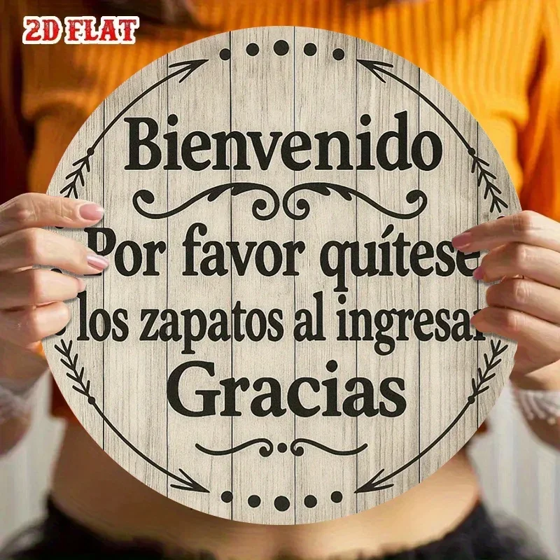 2D Flat Round Metal Sign Spanish Welcome Please Remove Shoes At Entrance Thank You Vintage Rustic Wooden Tin Sign Waterproof Wal