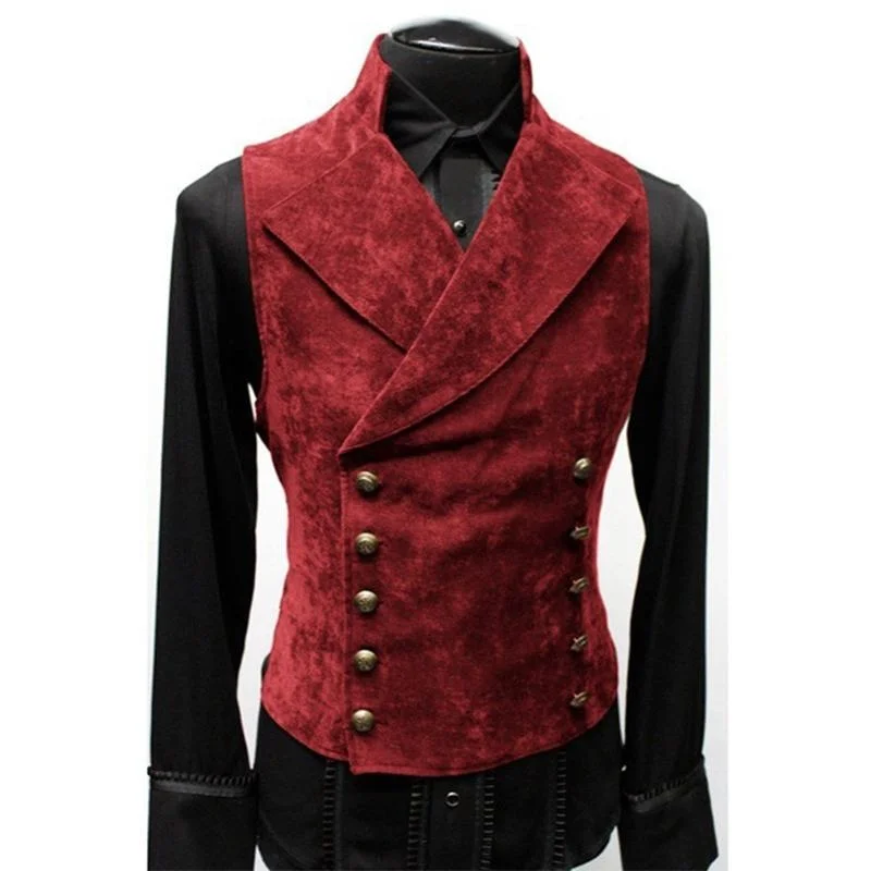 Mens Suede Suit Vest Slim Double Breasted Medieval Steampunk Banquet Waistcoat Fashion Mens Costume