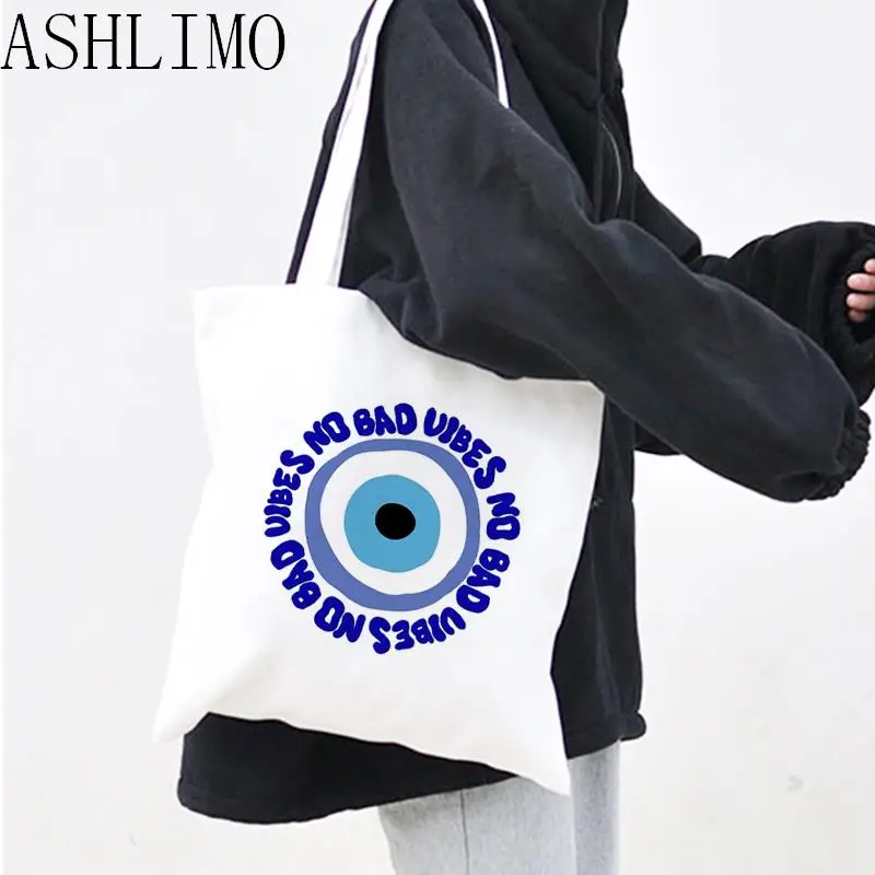 Bolso de hombro de lona para mujer, bolsa de mano de gran capacidad, color azul turco, mal de ojo, informal, para compras, almacenamiento de moda,