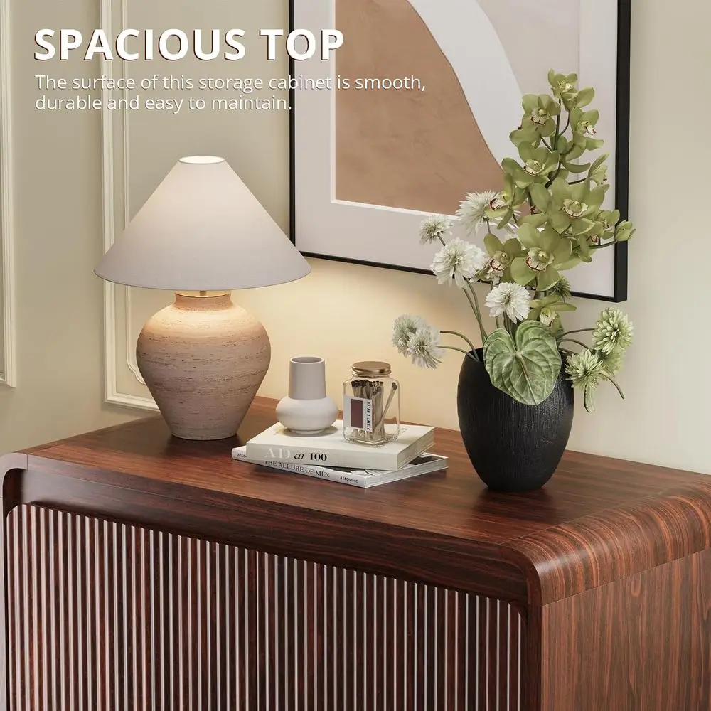 Curved Walnut Sideboard with Storage and Adjustable Shelves for Kitchen and Bar