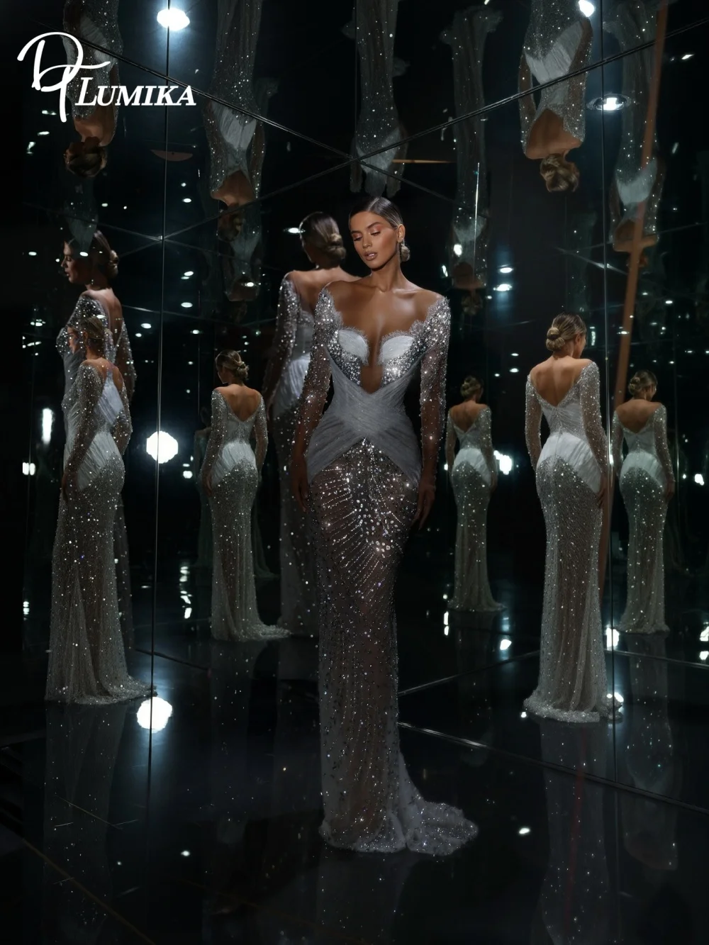 Glamorous Beaded Wedding Dress 2027 Deep V Illusion Long Sleeve Mermaid Gown With Detachable Overskirt Custom Vestidos De Novia
