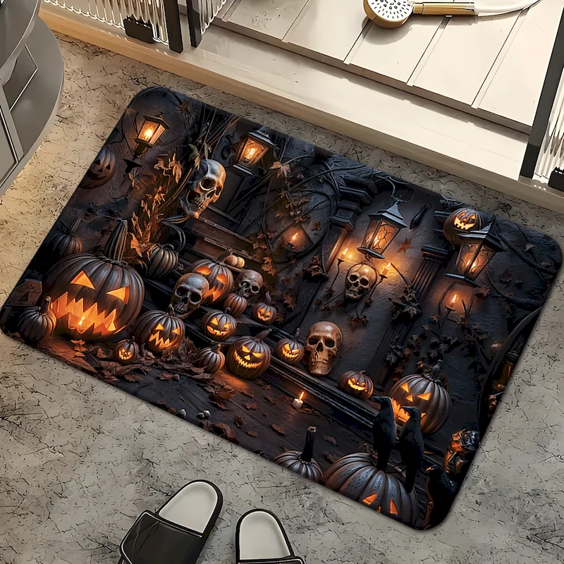 VIKAMA Halloween 3D Skeleton Crow Door Mat Anti slip Waterproof Floor Mat Retro Cemetery Lantern Print Carpet Home Decoration