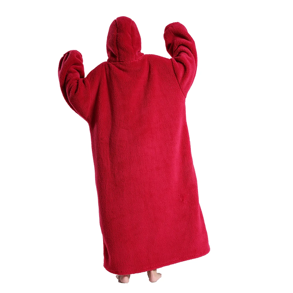 Red Oversized Winter Hooded Long Fleece Blanket with Sleeves for Woman Men Korean Fashion Hoodie Pullover Plush Wearable Blanket