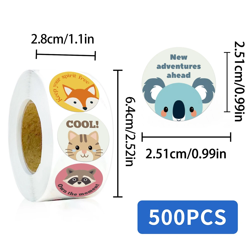 500PCS Fun Cartoon Rewards Inspirational Colorful Animals Round Roll Stickers Books Water Cups Phone Cases Envelopes Invitation