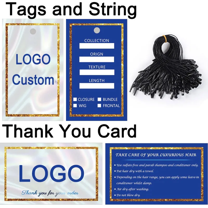 Hair Tags For Bundles Logo Custom Wig Tags Lables With Tags String 500Pcs Thank You Card Personalized Logo