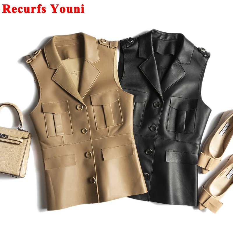 

High-End Selection Genuine Leather Sleeveless Jacket Women Female Slim Suit Collar Pockets Aiguillette Vest Mujer Chic Waistcoat