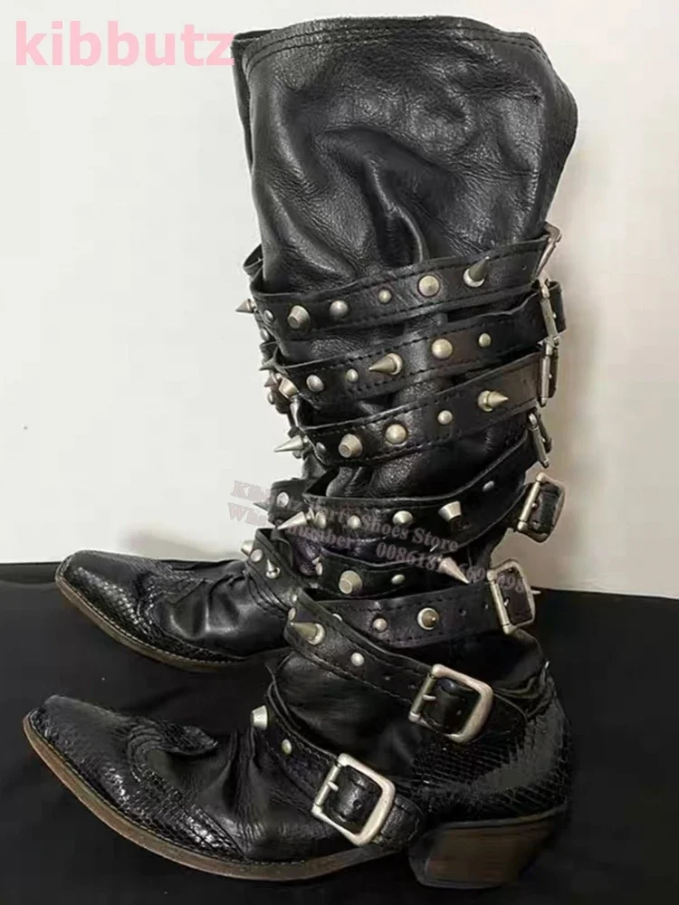 المسامير الشرير الصخرة الأحذية الركبة عالية الجلود بلون موضة أنيقة مثير موجزة الجدة الفاخرة حزام مشبك حار الفتيات الأحذية