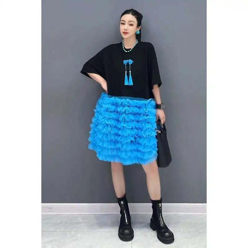 Chic Donna Maglia Impiombato Volant T-shirt Abito Garza Patchwork Pieghettato Gonna Torta Medio Lungo Magliette Manica Corta Top Vestido 2025