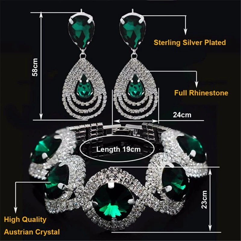 Green Blue Fashion Wedding Bridal Jewelry Sets For Women Rhinestone Crystal Bracelet Earrings Accessories