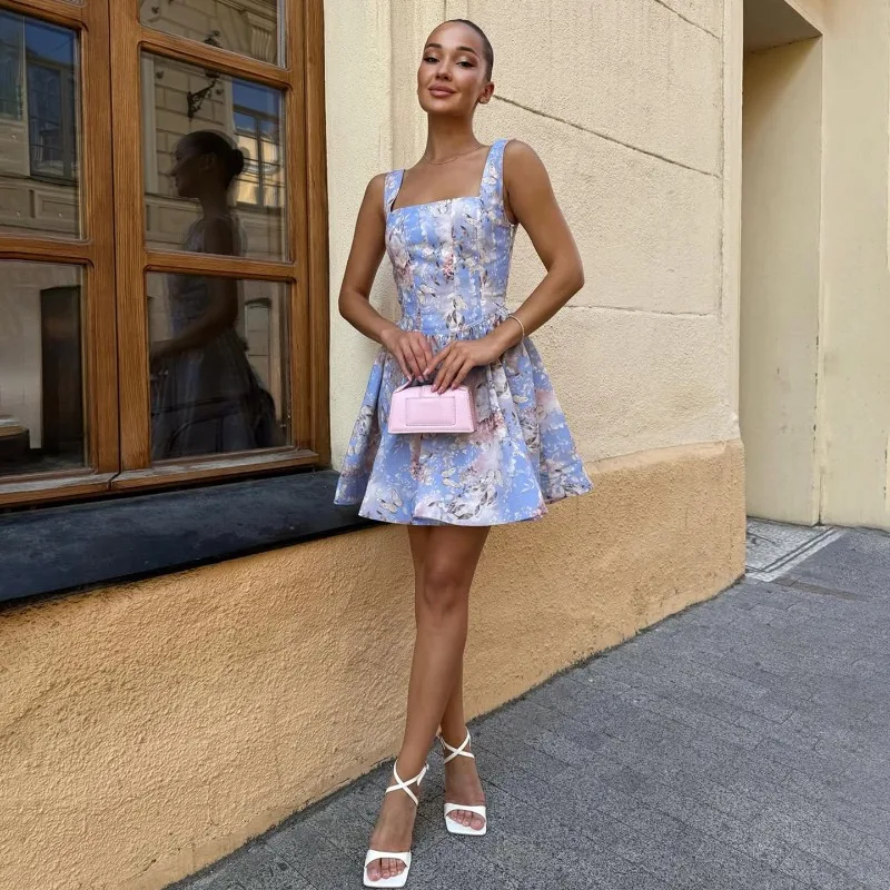 

2025 Summer New Floral Square Neck Sleeveless Waist Tie Swing Short Dress