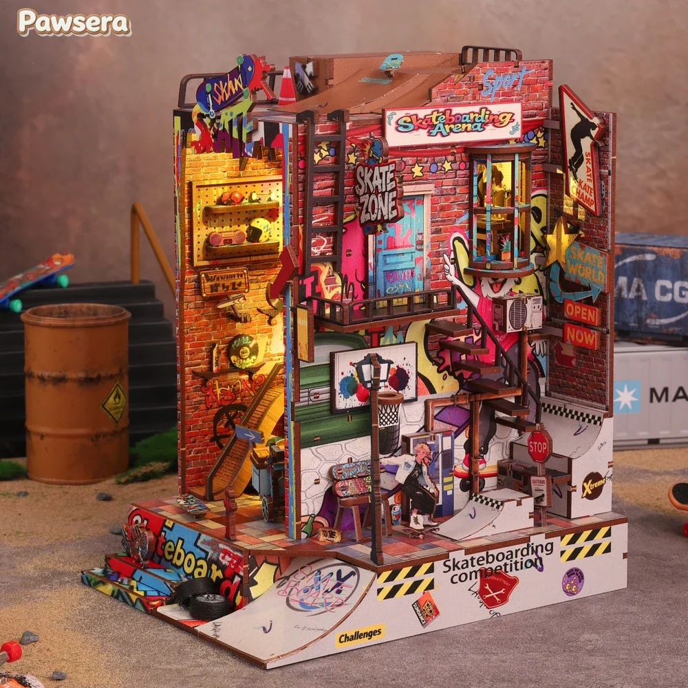 Pawsera NEW DIY Wooden Book Nook Figurines Miniatures Kits Skate Competition Bookshelf Home Bookend Decoration For Adult Gifts