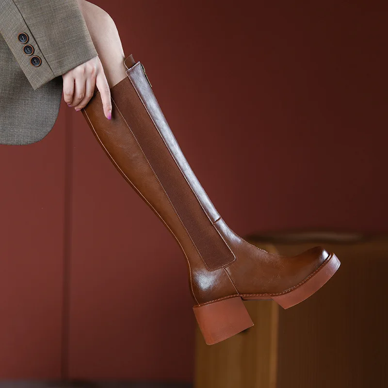 2025 long boots female knight boots but knee year spring and autumn new brown high-heeled small thick-soled thick-heeled boots