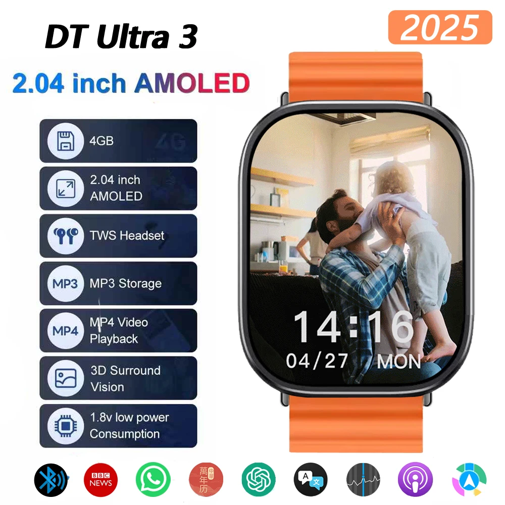 DT Ultra 3 Smartwatch Amoled Screen 4GB MP3 MP4 Player Bluetooth Network Sharing APP Store ChatGPT Smart AI Watch Men Sportwatch