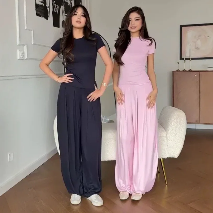 

2026 New Tight Solid Color Simple Round Neck Short-sleeved Top Wide Leg Pants Two-piece Set