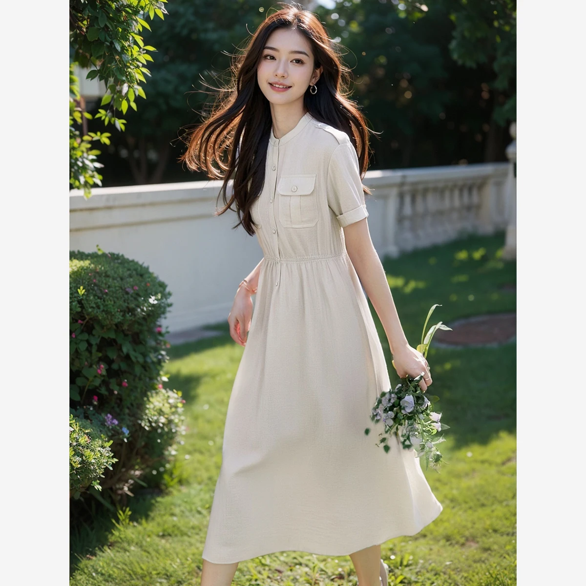 

VIMLY Women's Casual Summer Shirt Dress 2025 Short Sleeve Minimalist Commute Round Neck Simple Fashionable Midi Dresses M6798