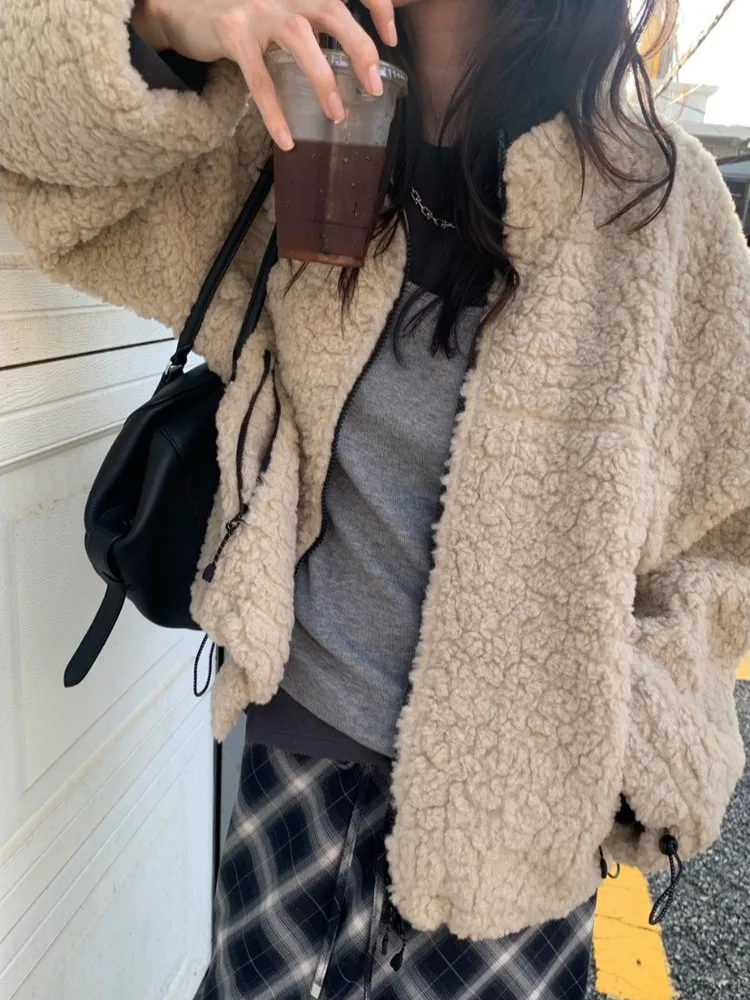 الكورية Sle فضفاضة تناسب فرو الضأن Jaet المرأة شتاء جديد صغير الحجم العصرية الوقوف طوق Dstring ملابس خارجية دافئة #4