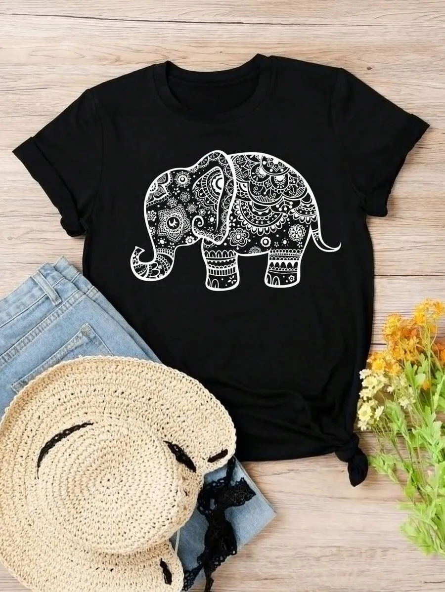 

Camiseta con gráfico de elefante тожеnicomanga corta negra con estampado estilo mandala