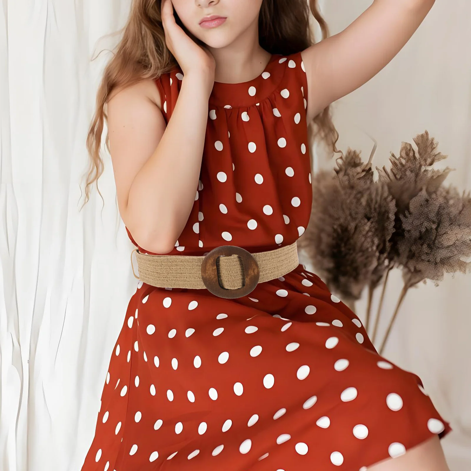 Cinturón de cintura tejido marrón para mujer, pretina trenzada, vestidos informales, faja de cintura ajustable, hebilla de madera, cinturón ancho bohemio