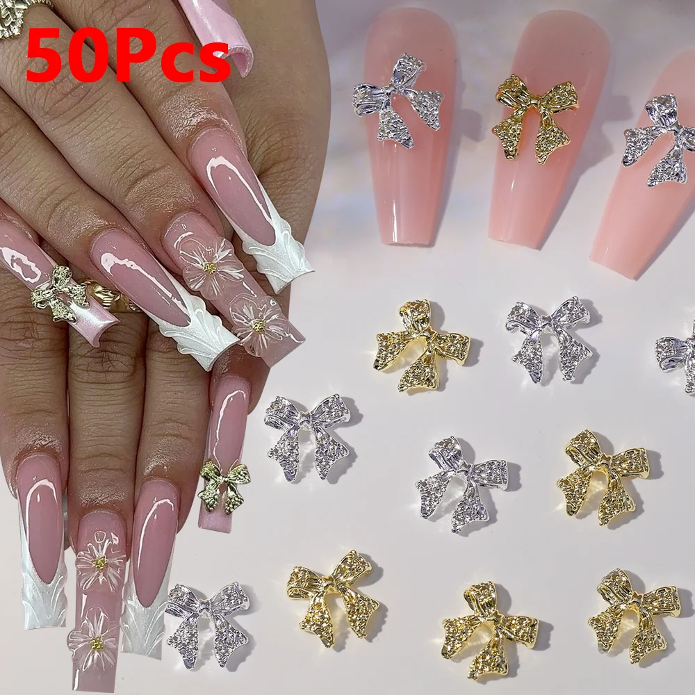 50Pcs Gold/Silver Bowknot 3D Nail Art Charms Kawaii Alloy Butterfly/Ribbon/Bow Nails Decorations DIY Luxury Manicure Accessories