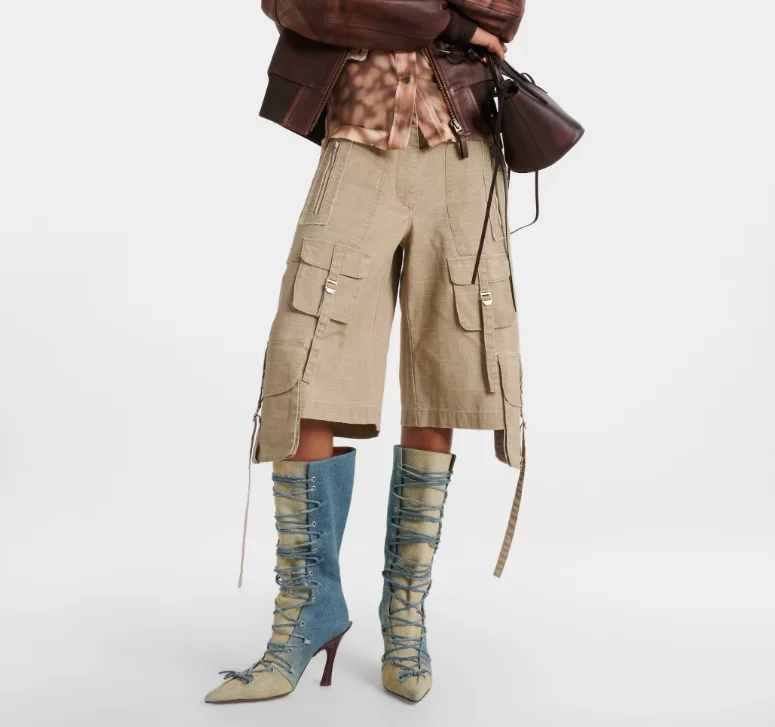 Spitz Design Denim Riemchen Bowtie Stiefel Mode Dame Vintage Dünne High Heel Kniehohe Stiefel Frauen Kleid Schuhe Leder