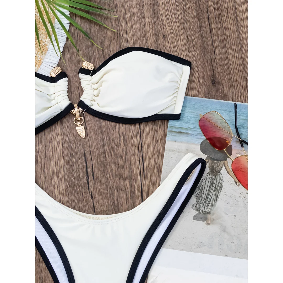 Bandeau-Splicing-Bikini mit Metallring, brasilianischer Bikini, Damen-Badebekleidung, zweiteiliger Bikini-Set, Badeanzug, Badebekleidung, Schwimmbikini V5651 – Detail 22