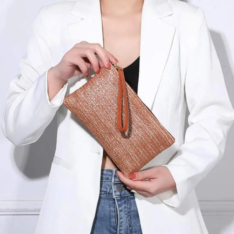 

Модная женская тканая сумка-клатч на запястье, женский повседневный клатч для денег, телефона, однотонный соломенный тканый кошелек для монет, пляжный кошелек, держатель для карт