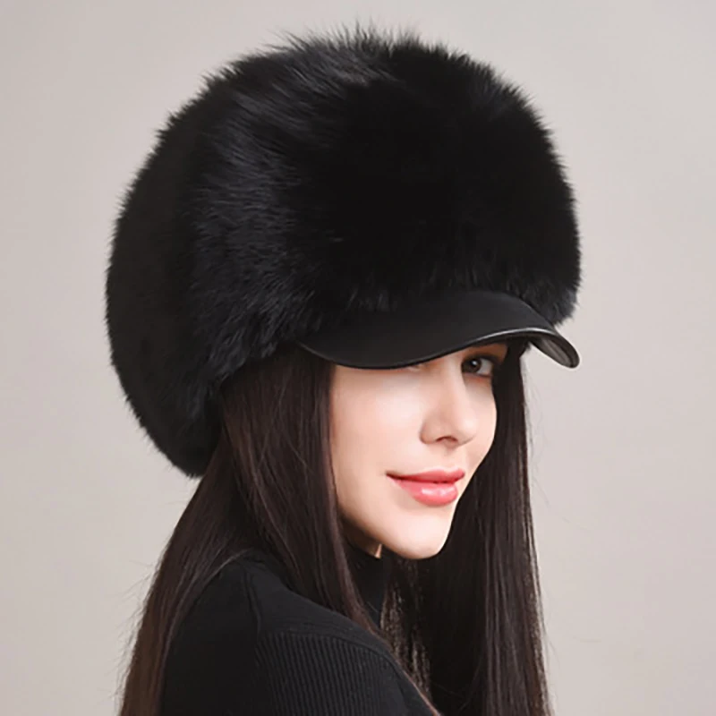 2024 New Fashion Earflap Hat Winter Women\'s Hat Real Fox Fur Hats Headgear Russian Girls Real Fox Fur Beanies Cap