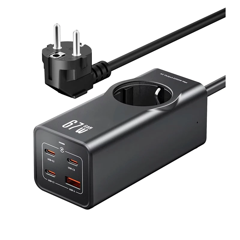Super Sale 67W GaN Fast Charger Power Strip 3 USB-C+1 USB-A+1 AC Outlet EU Plug Extension Lead for Simultaneous Device Charger
