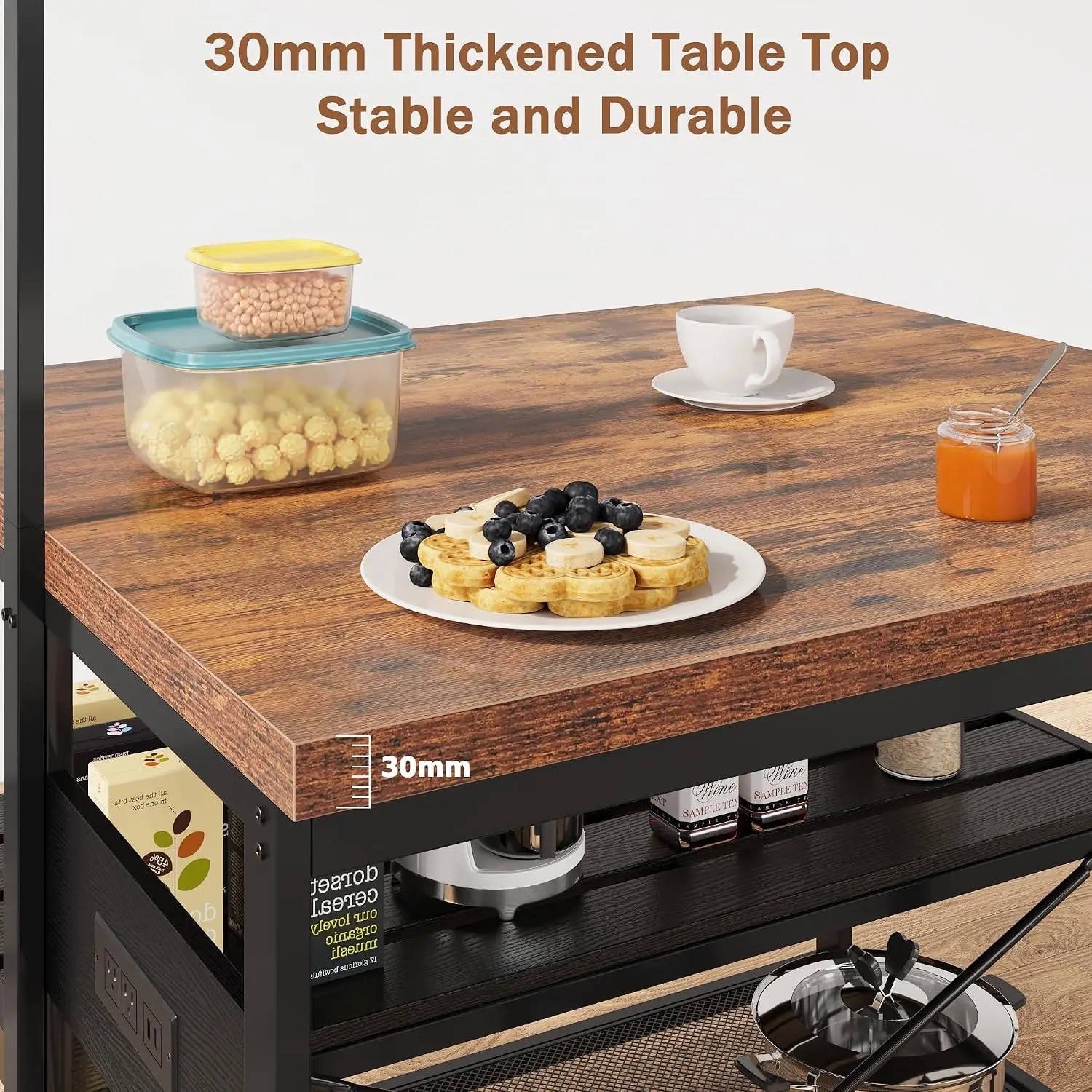 Kitchen Island 47" Storage Power Outlet Bakers Rack Microwave Stand 5 Hooks Industrial Coffee Bar Dining Living Room, Customized image 3