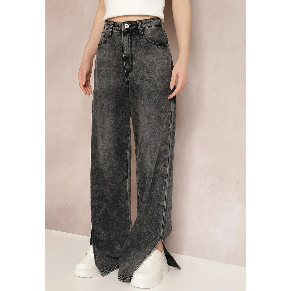 2024 Autumn And Winter Fashion Washed Denim Trousers Solid Color Mid-waist Hem Slits Personalized Wind Loose Straight Versatile