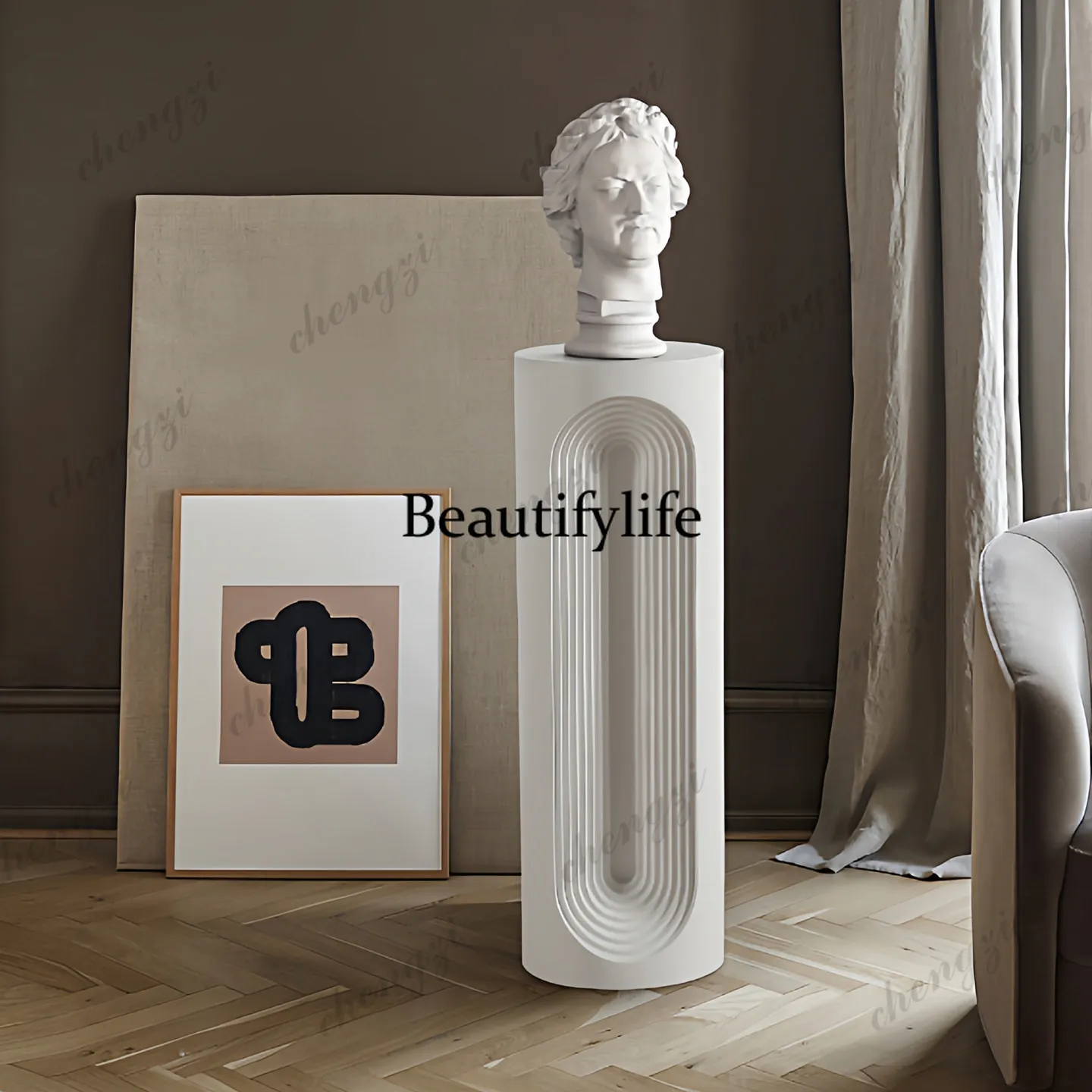 Modern minimalist round solid wood flower stand base geometric modeling high-end model room living room entrance