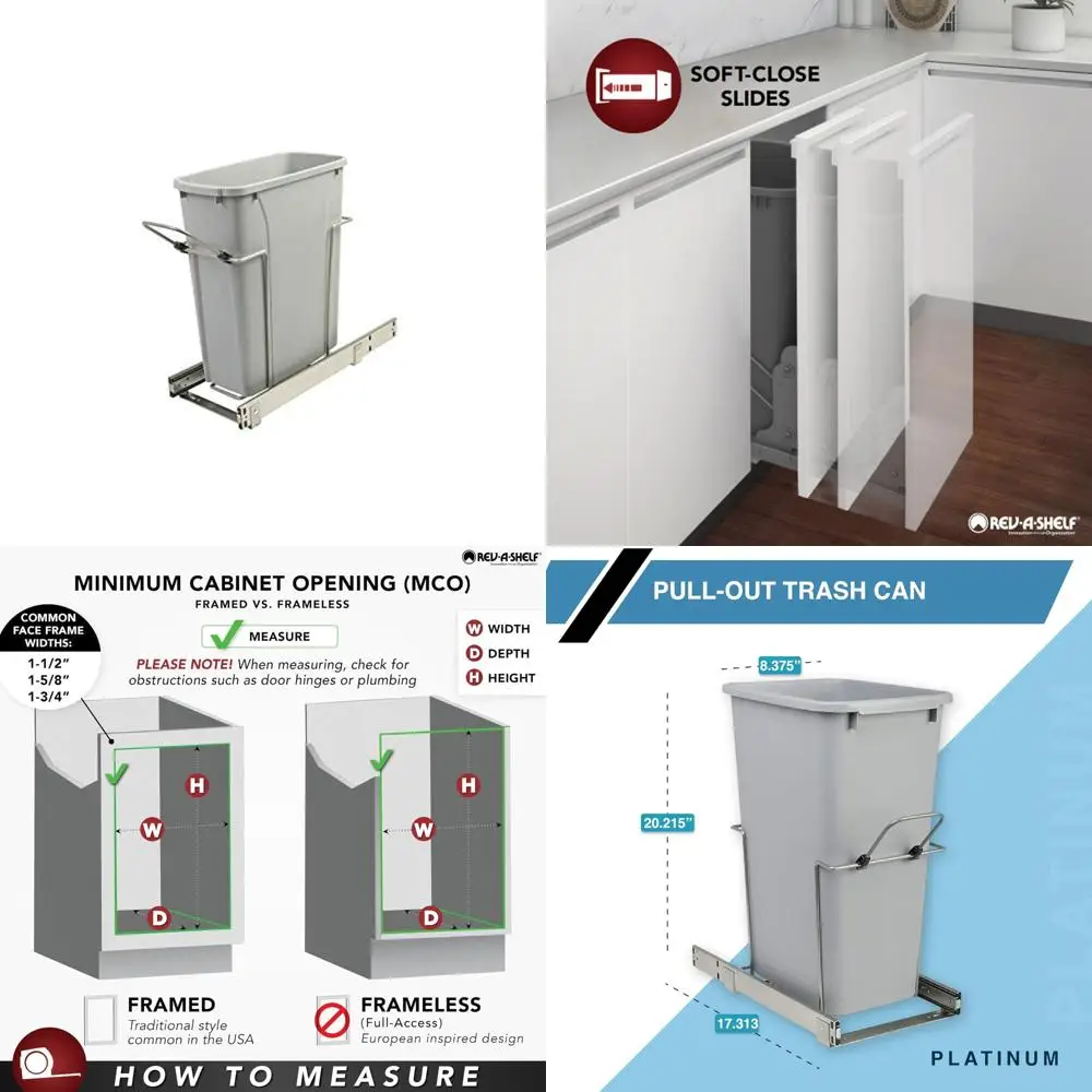 

20-литровое выдвижное мусорное ведро с мягким закрывающимся нижним креплением, 8,375 x 20,125 x 17,313 дюйма, крепление на шкафу