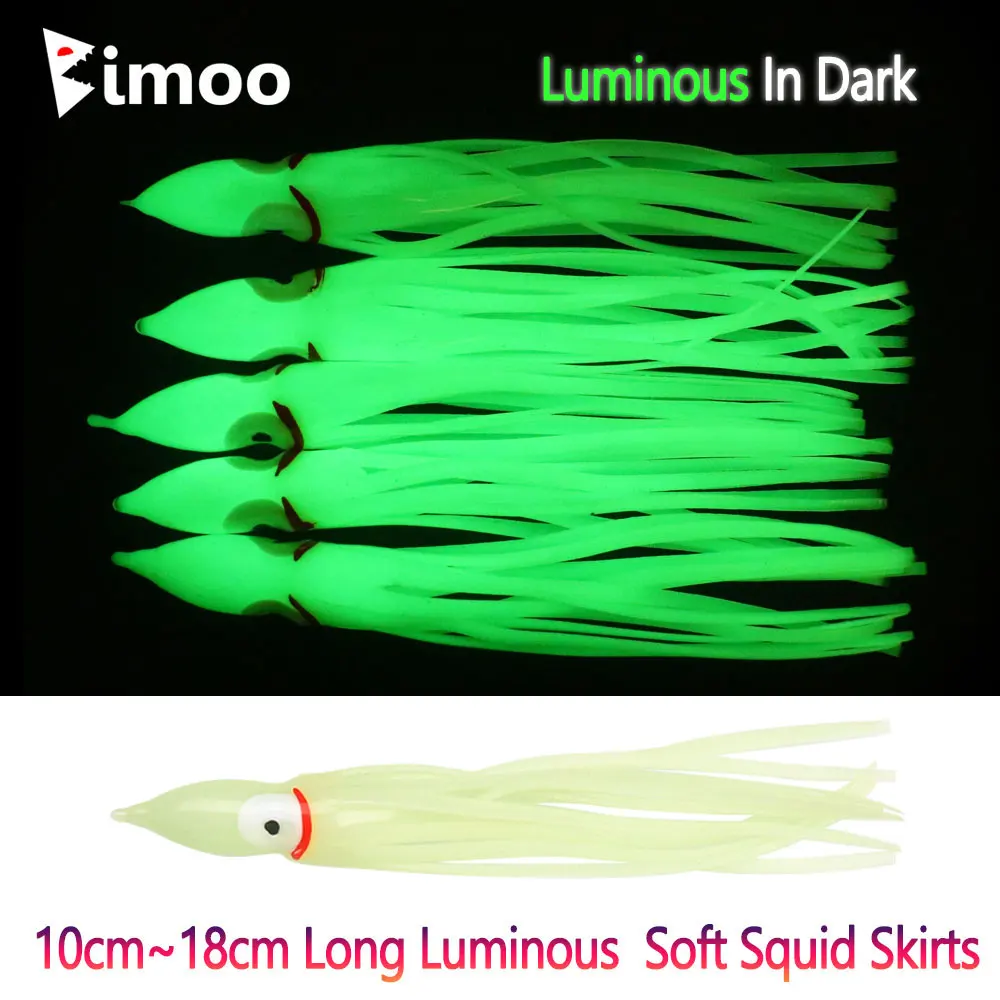 

Bimoo 5pcs 10cm 12cm 15cm 18cm Luminous Soft Squid Skirts lures Bulb Head Squids Octopus Skirt Saltwater Fishing Lures Baits