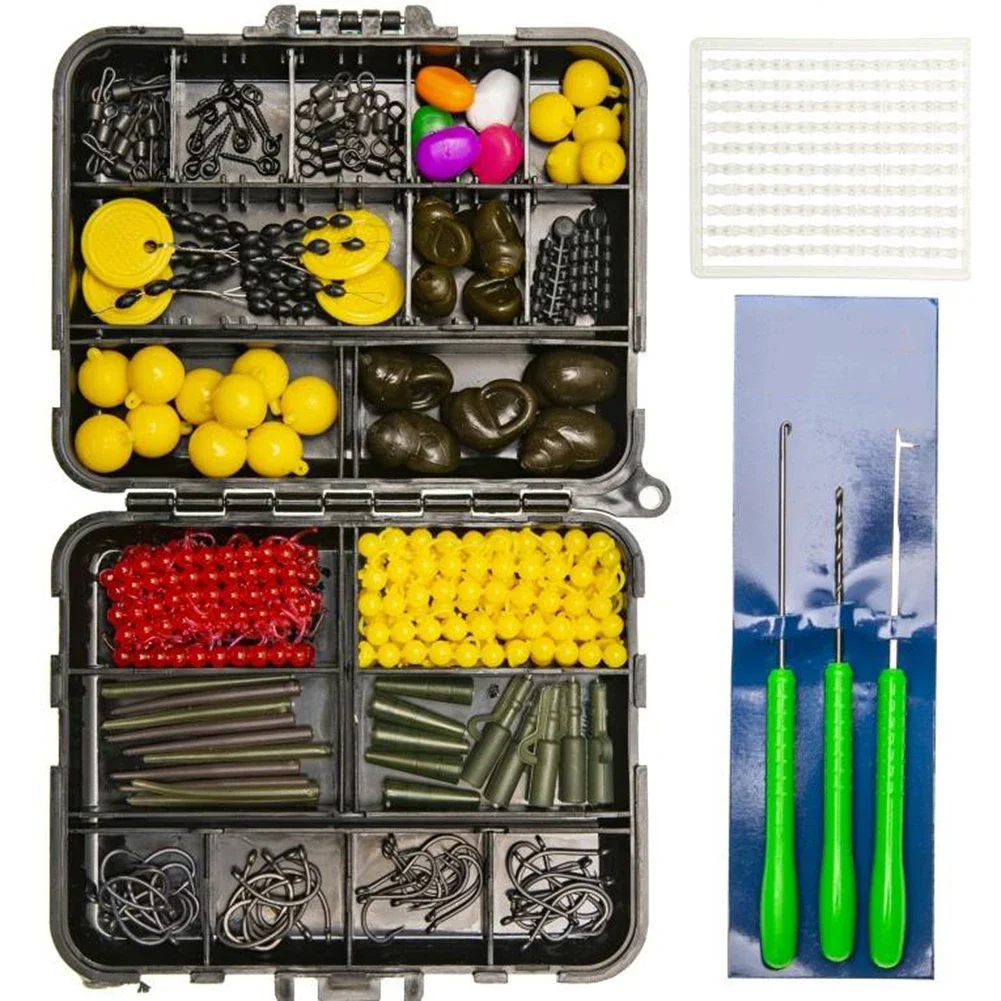 

Carp Fishing Rig Accessories 143pcs in Tackle Box with Hooks Swivels Safety Clips Tail Rubbers Boilie Stops and Shrink Tubes