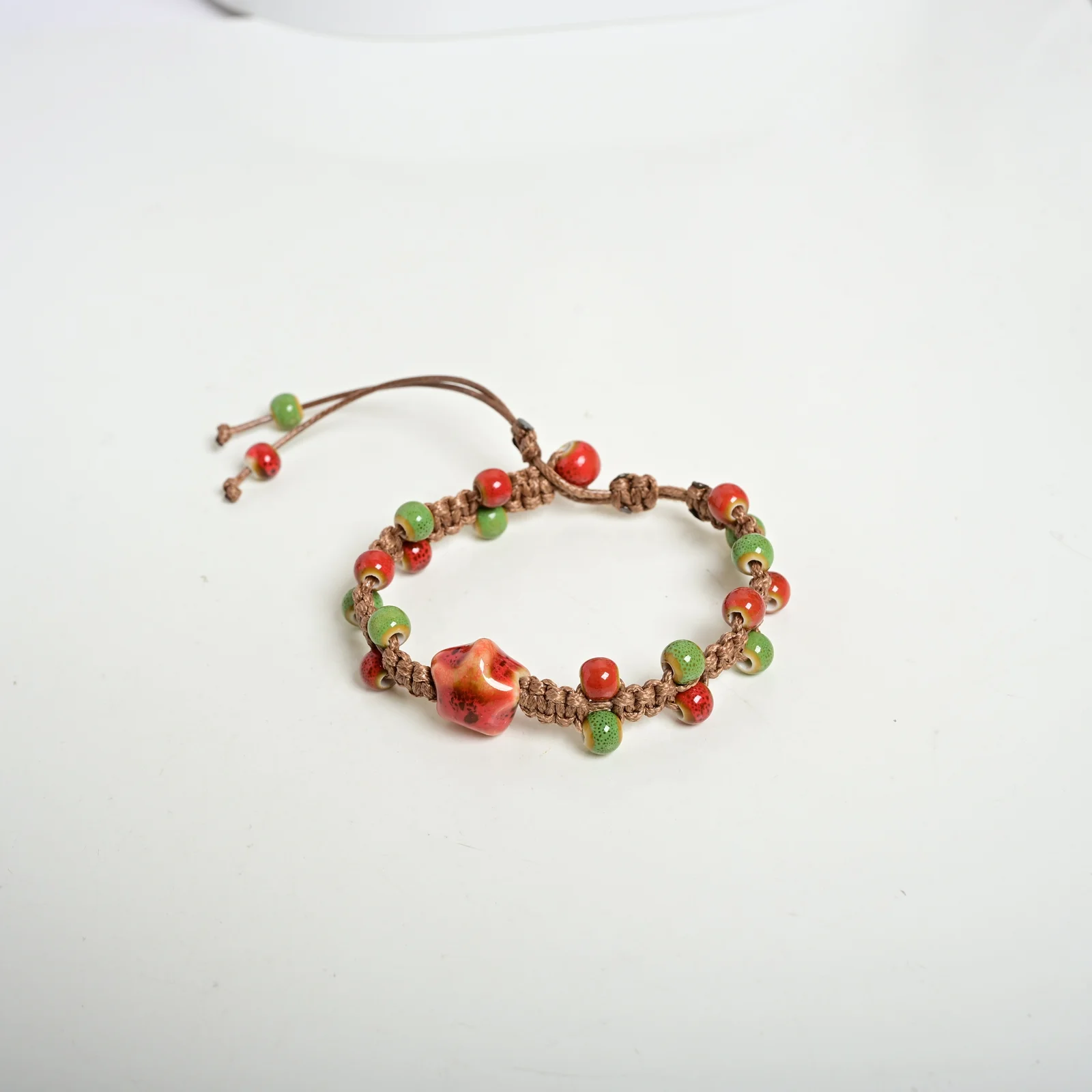 Red Ceramic Star Bead Bracelet Handwoven Wax Cord Adjustable Handmade Jewelry Artisan Braided Cord Wrist Accessory 609P2-12