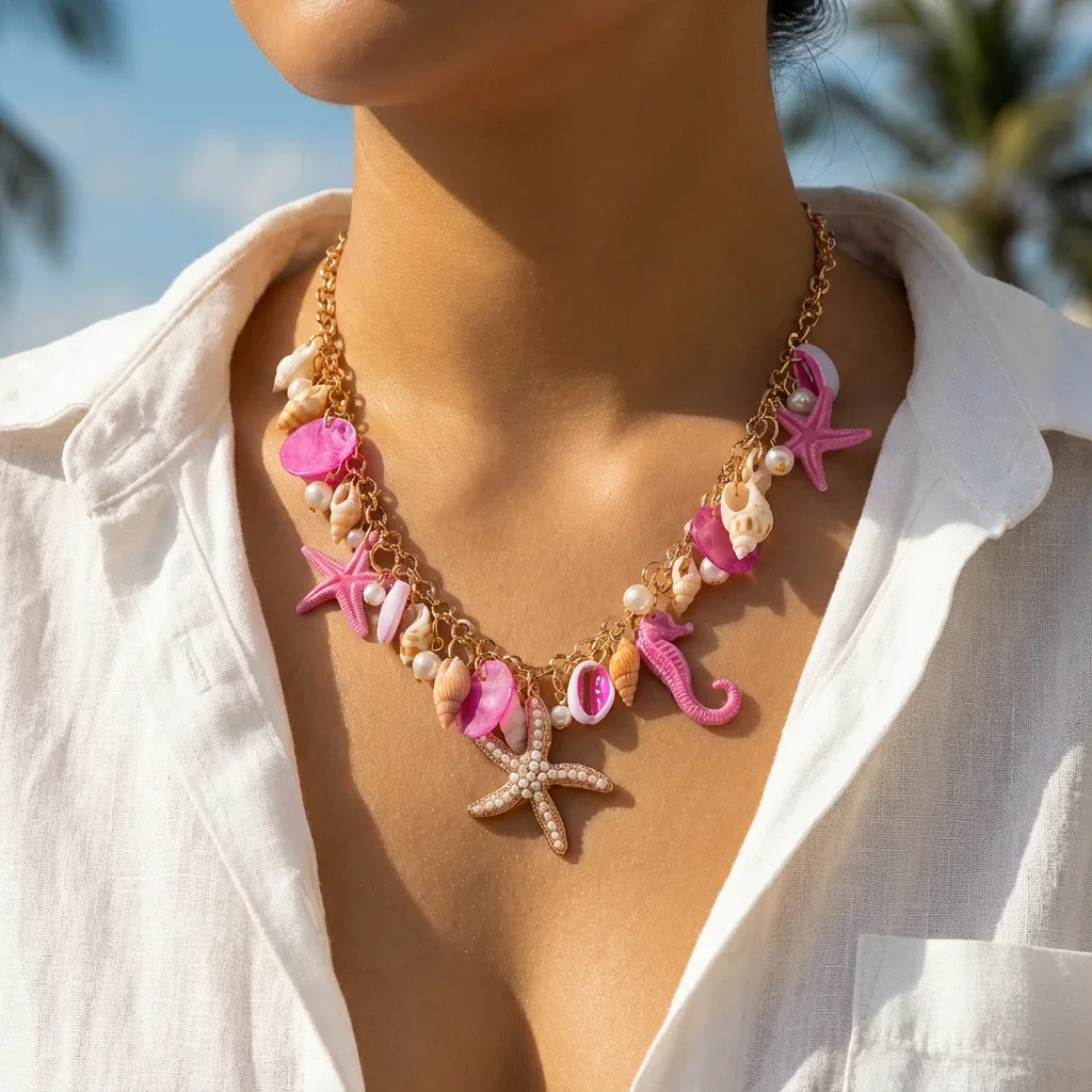 Bohemian Summer Starfish Necklace For Women Beach Shell Conch Seahorse Pearl Charm Choker Necklace Female Boho Vacation Jewelry