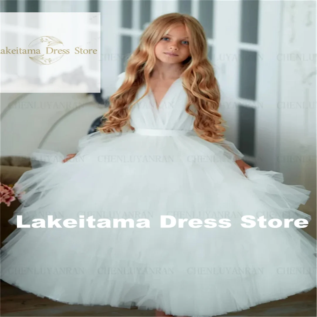 Customization White Tulle Lace Layered Flower Girl Dress Princess Ball First Communion Dresses Surprise Birthday Present