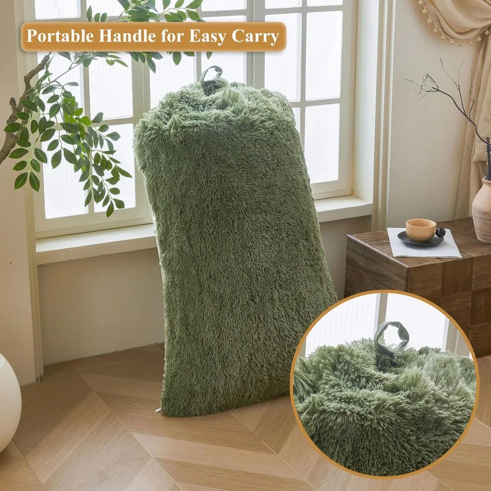 Soft Fluffy Stuffed Animal Storage Bean Bag Cover for Kids Teens Adults Sage Green Faux Fur Toy Organizer