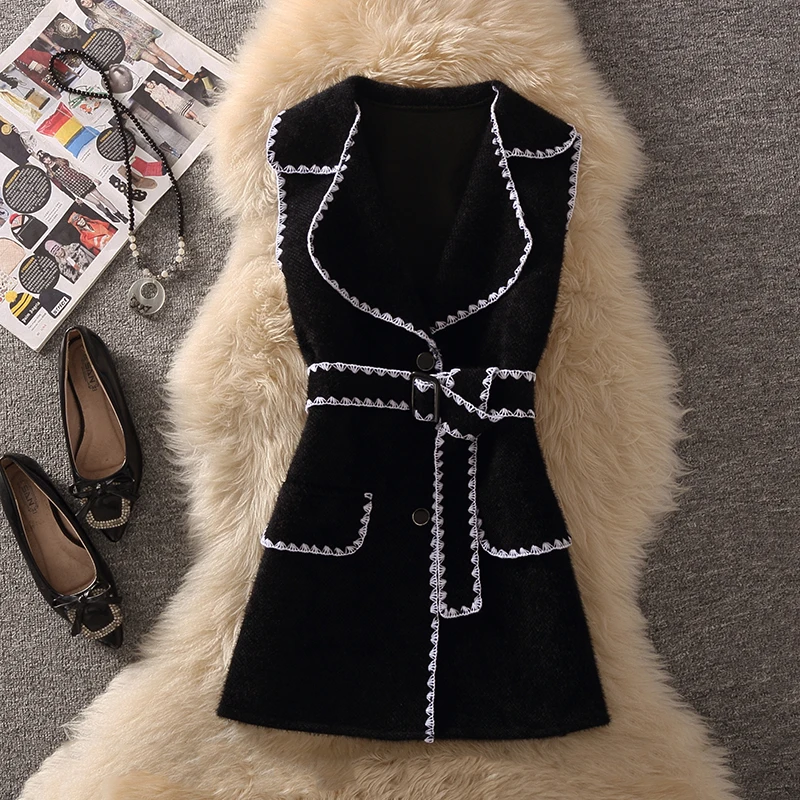 Fashionable Tweed  Collar Sweater Vest Women's Spring New Color Block Waist Cinch Shoulder Knitwear Two-Piece Set