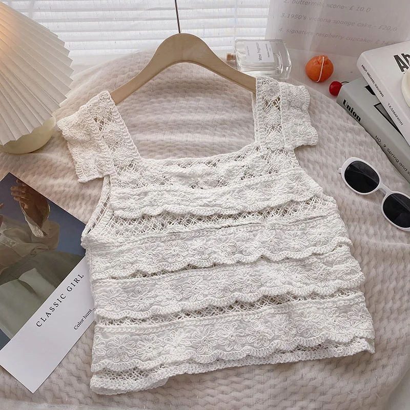 Tiered Ruffled Crochet Top Frilled Flutter Sleeve Semi Sheer Open-knit Crop Tops Blouse Summer Women Teen-girl Fairycore Outfit